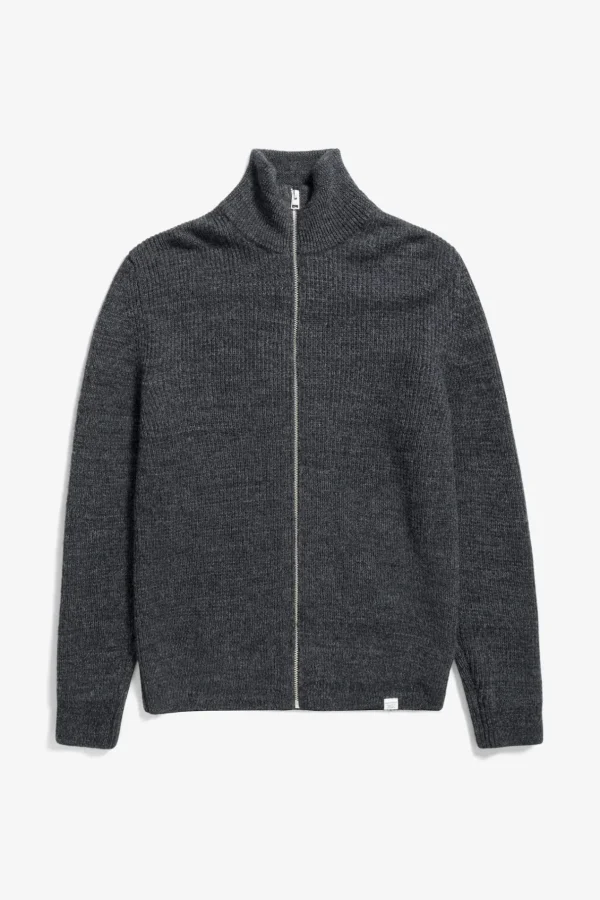 Norse Projects KNITWEAR^Hagen Wool Cotton Rib Full Zip Jacket Dark Grey Melange