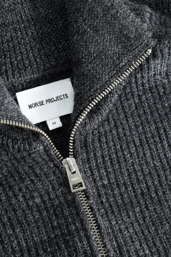 Norse Projects KNITWEAR^Hagen Wool Cotton Rib Full Zip Jacket Dark Grey Melange
