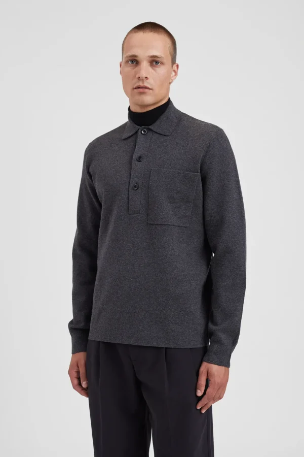 Norse Projects KNITWEAR^Kian Merino Cotton Milano Polo Dark Grey Melange