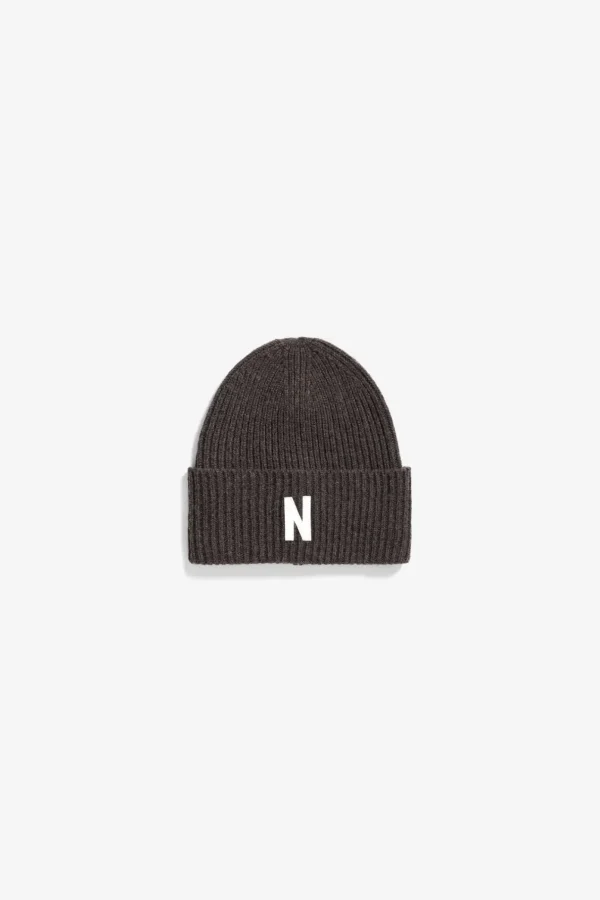 Norse Projects BEANIES^Merino Lambswool Rib N Logo Beanie Heathland Brown