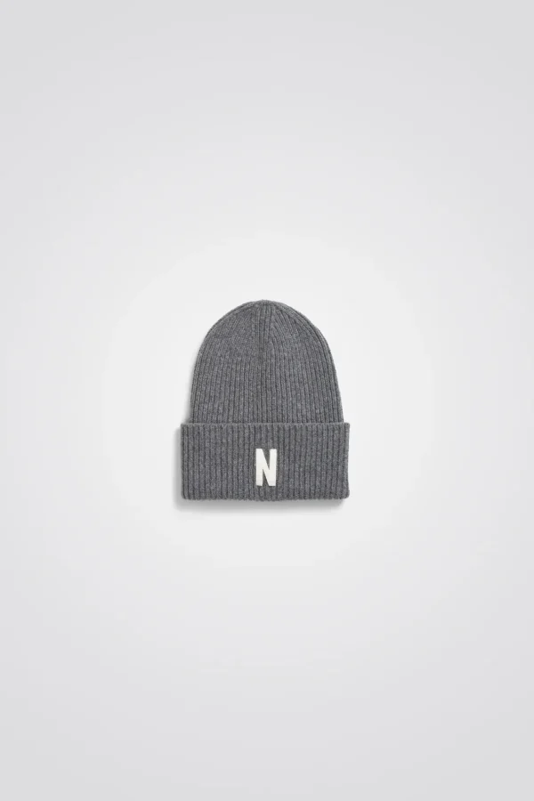 Norse Projects BEANIES^Merino Lambswool Rib N Logo Beanie Grey Melange
