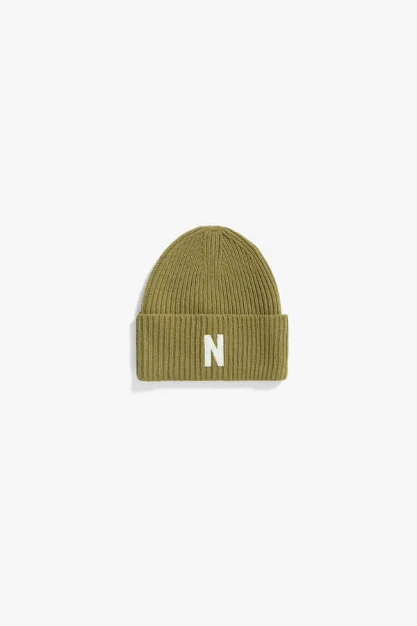 Norse Projects BEANIES^Merino Lambswool Rib N Logo Beanie Sitka Green