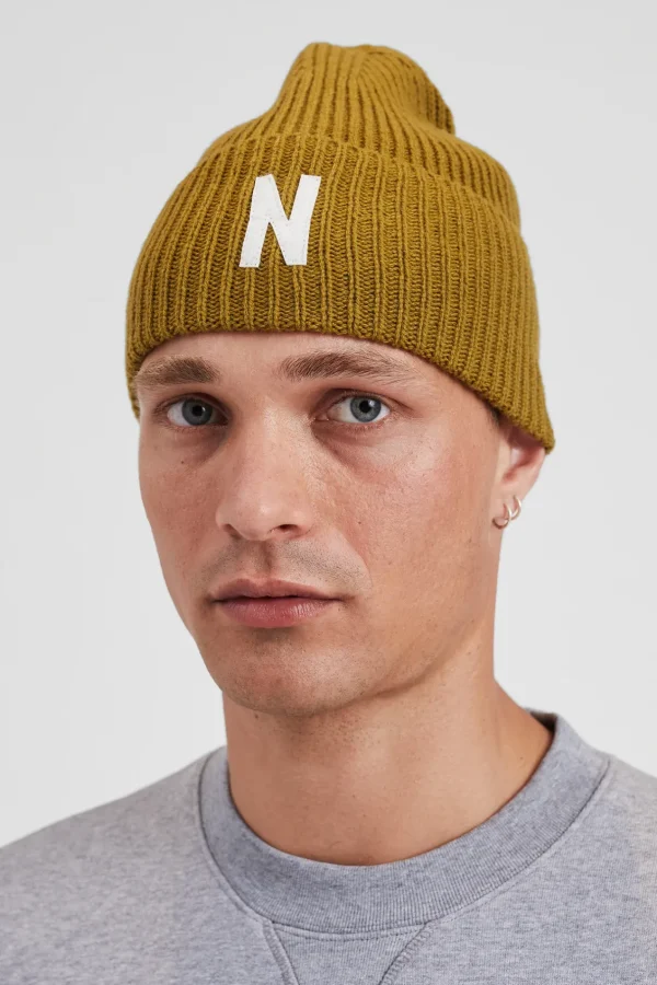Norse Projects BEANIES^Merino Lambswool Rib N Logo Beanie Sitka Green