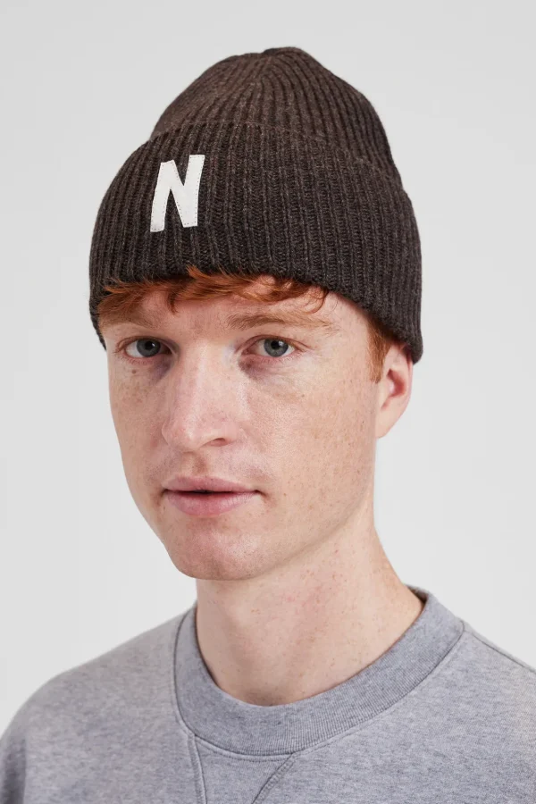 Norse Projects BEANIES^Merino Lambswool Rib N Logo Beanie Heathland Brown