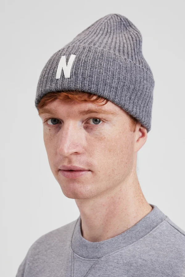 Norse Projects BEANIES^Merino Lambswool Rib N Logo Beanie Grey Melange